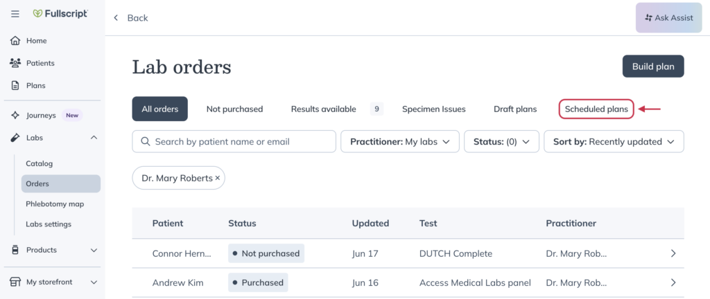 Scheduled plans tab in the Lab orders dashboard showing 